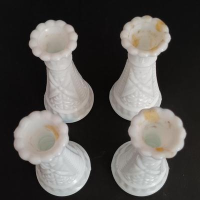 LOT 18: Milk Glass Collection- Set of 4 Candleholders w/ Bud Vase and Ruffled Bowl