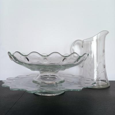 LOT 23: Teardrop Cake Stand and Pedestal Bowl w/ Pitcher