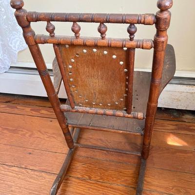 LOT 33: Antique / Vintage Children's Wooden Rocking Chair with Pockets of Learning and Mother Goose Dolls