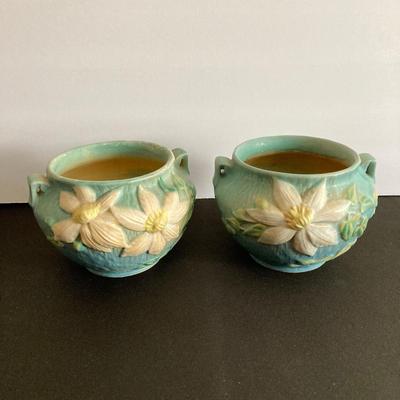 LOT 36: Two Vintage Roseville Clematis Green Ceramic Jardiniere Planter Vases, Double Handled 667-4