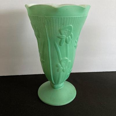 LOT 41: Vintage Emerald Green Iris and Herringbone Depression Glass Vase with Collection of Cut Glass