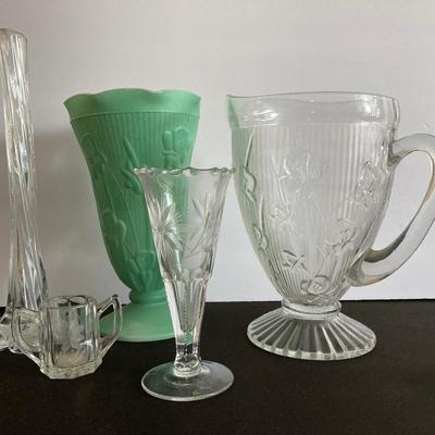 LOT 41: Vintage Emerald Green Iris and Herringbone Depression Glass Vase with Collection of Cut Glass