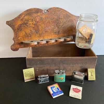 LOT 43: Antique / Vintage Flemish Art Co Pipe Holder, Old Virginia Cheroots Wooden Box, with Vintage Lighters and Matches