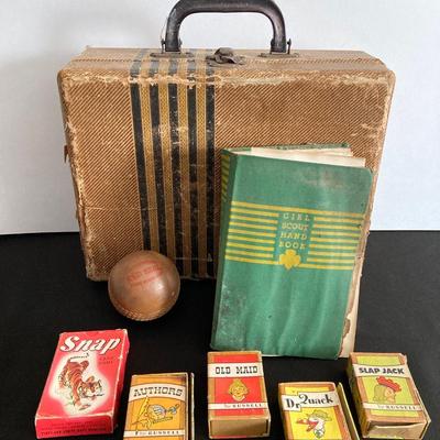 LOT 45: Vintage Travel Case, Girl Scout Hand Book, Playing Cards by Russell and Snap and Made in England Chingford Red Seal Ball