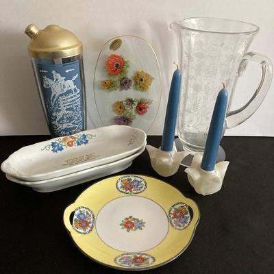 LOT 46: Vintage Wedgewood Blue Huntsman Glass Cocktail Shaker, Noritake / Chance Plates, Marble Flower Candle Holders and More