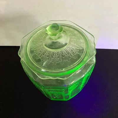 LOT 49: Green Depression Uranium Glass Jar with Lid