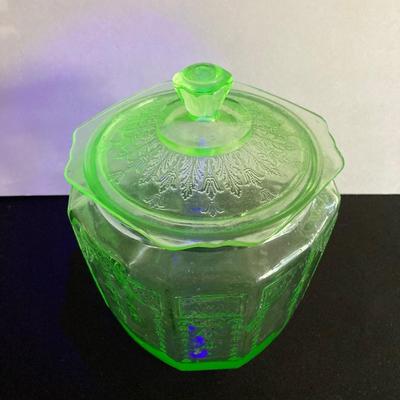 LOT 49: Green Depression Uranium Glass Jar with Lid