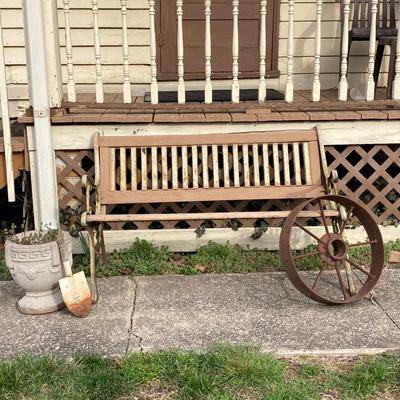 LOT 52: Vintage Wooden Bench, Wagon Wheel, Concrete Planter and More
