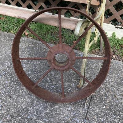 LOT 52: Vintage Wooden Bench, Wagon Wheel, Concrete Planter and More
