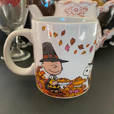 LOT 71: Peanuts Fall Mugs, Leaf/Fall Glass Water Goblet, Bella Casa by Ganz Teapot & Autumn Tablecloth (NIP)