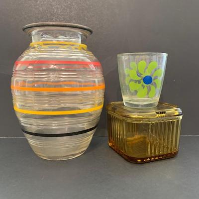 LOT 79: Kromex Holiday Giftware Set, Corning Ware Coffee Percolator Coffee Pot, Hocking Glass Ring Vase, Vintage Federal Glass Amber...