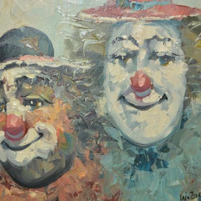 Vintage W. Engel Clown Portrait Oil Painting 19.25"x15.25"