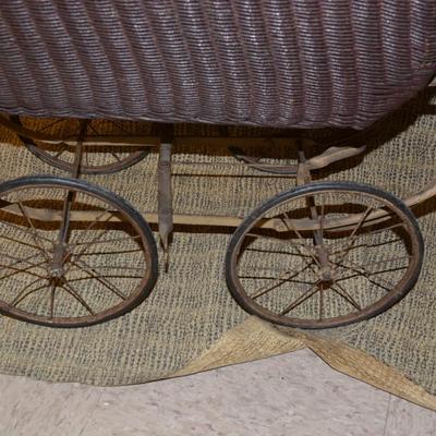 Antique Lloyd Loom Products Wicker Perambulator with Antique Doll 34"x30"x14"