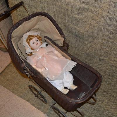 Antique Lloyd Loom Products Wicker Perambulator with Antique Doll 34"x30"x14"