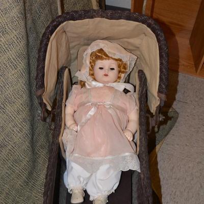 Antique Lloyd Loom Products Wicker Perambulator with Antique Doll 34"x30"x14"