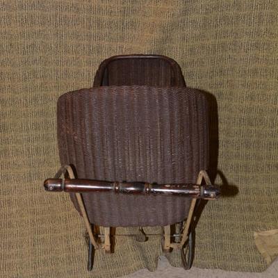 Antique Lloyd Loom Products Wicker Perambulator with Antique Doll 34"x30"x14"