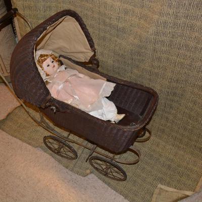 Antique Lloyd Loom Products Wicker Perambulator with Antique Doll 34"x30"x14"