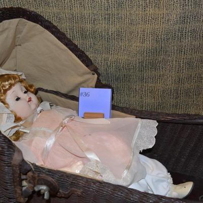 Antique Lloyd Loom Products Wicker Perambulator with Antique Doll 34"x30"x14"