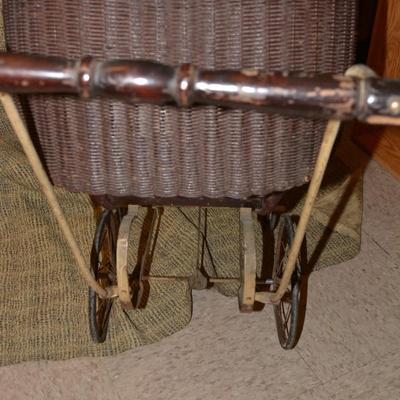 Antique Lloyd Loom Products Wicker Perambulator with Antique Doll 34"x30"x14"