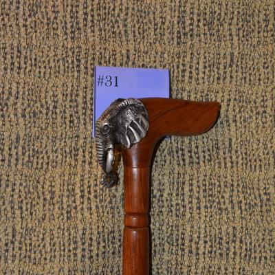 Pewter Elephant Head Walking Stick/Cane 34"