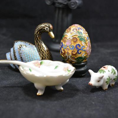 Cloisonne Egg & Goose w/ Ceramic Salt Pinch and Spoon + Bonus Pig