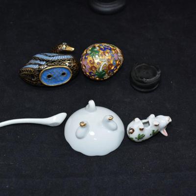 Cloisonne Egg & Goose w/ Ceramic Salt Pinch and Spoon + Bonus Pig