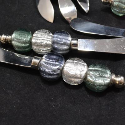 Glass Bead Handle Salad Service w/ 4 Spread Knives & 2 Spoons