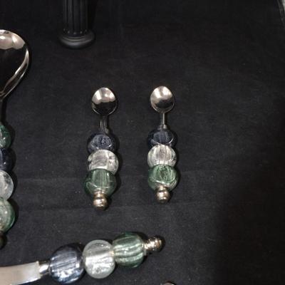 Glass Bead Handle Salad Service w/ 4 Spread Knives & 2 Spoons