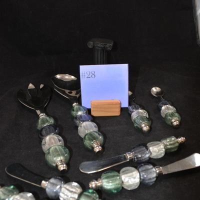 Glass Bead Handle Salad Service w/ 4 Spread Knives & 2 Spoons