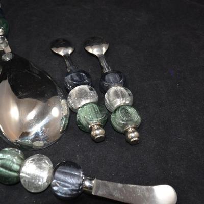 Glass Bead Handle Salad Service w/ 4 Spread Knives & 2 Spoons