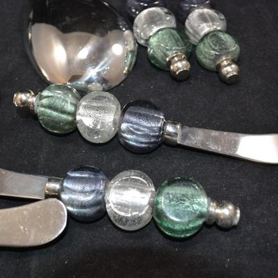 Glass Bead Handle Salad Service w/ 4 Spread Knives & 2 Spoons