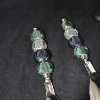 Glass Bead Handle Salad Service w/ 4 Spread Knives & 2 Spoons