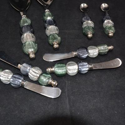 Glass Bead Handle Salad Service w/ 4 Spread Knives & 2 Spoons