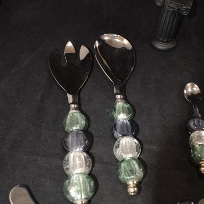 Glass Bead Handle Salad Service w/ 4 Spread Knives & 2 Spoons