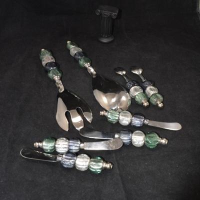 Glass Bead Handle Salad Service w/ 4 Spread Knives & 2 Spoons