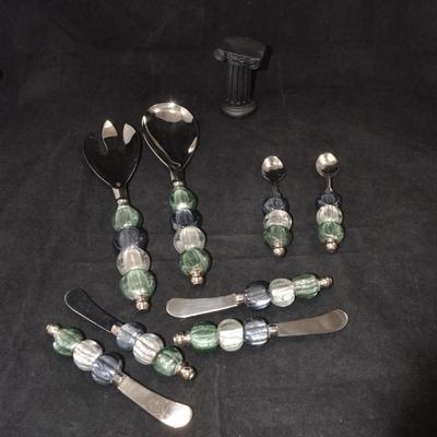 Glass Bead Handle Salad Service w/ 4 Spread Knives & 2 Spoons