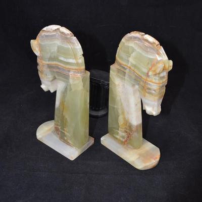 Vintage Carved Onyx Trojan Horse Head Bookends 8.5" Tall