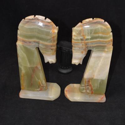 Vintage Carved Onyx Trojan Horse Head Bookends 8.5" Tall