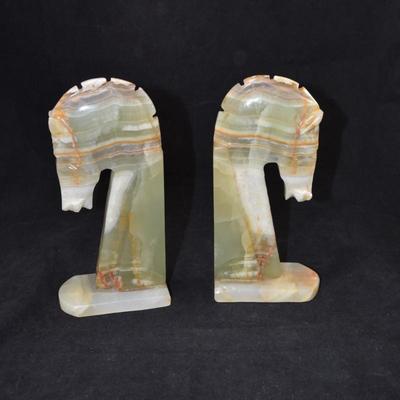 Vintage Carved Onyx Trojan Horse Head Bookends 8.5" Tall