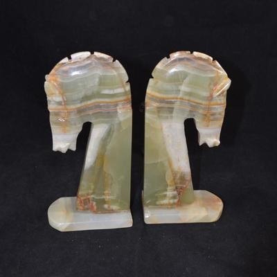 Vintage Carved Onyx Trojan Horse Head Bookends 8.5" Tall