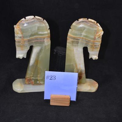 Vintage Carved Onyx Trojan Horse Head Bookends 8.5" Tall