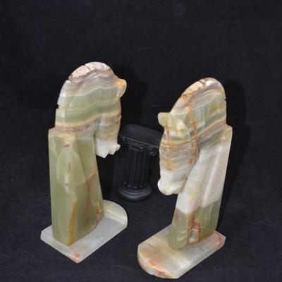 Vintage Carved Onyx Trojan Horse Head Bookends 8.5" Tall