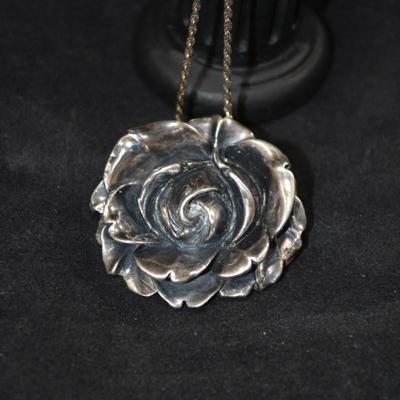 Vintage 925 Sterling Rose Pin/Pendant w/ 925 Rope Chain 24