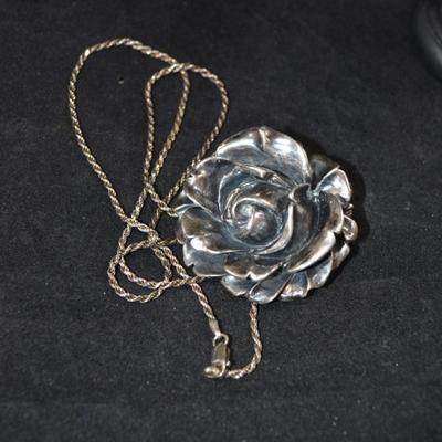 Vintage 925 Sterling Rose Pin/Pendant w/ 925 Rope Chain 24