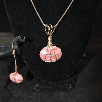 925 Sterling Box Chain w/ Matching 925 Rose Quartz Pendant & Earrings 18" - 24.9g