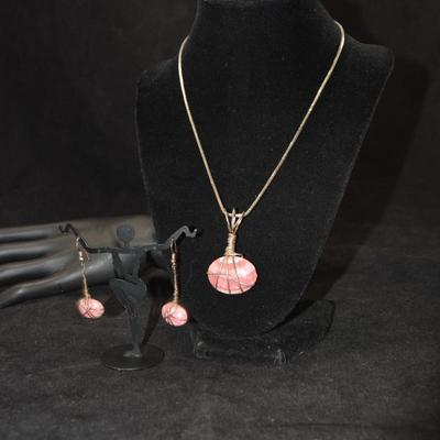 925 Sterling Box Chain w/ Matching 925 Rose Quartz Pendant & Earrings 18" - 24.9g