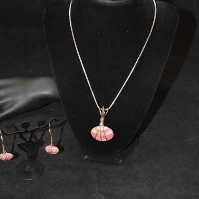 925 Sterling Box Chain w/ Matching 925 Rose Quartz Pendant & Earrings 18" - 24.9g