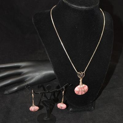 925 Sterling Box Chain w/ Matching 925 Rose Quartz Pendant & Earrings 18" - 24.9g
