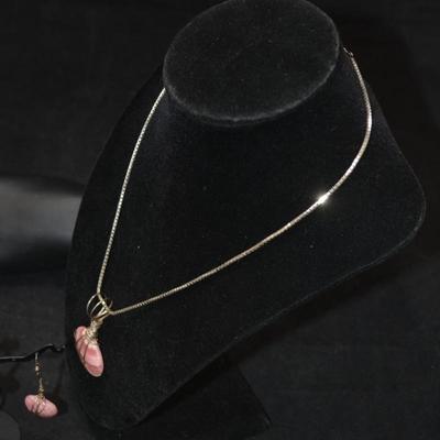 925 Sterling Box Chain w/ Matching 925 Rose Quartz Pendant & Earrings 18" - 24.9g