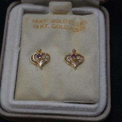 14K Gold Filled Heart Earrings 14K Posts w/ Ruby & Diamond 1.2g